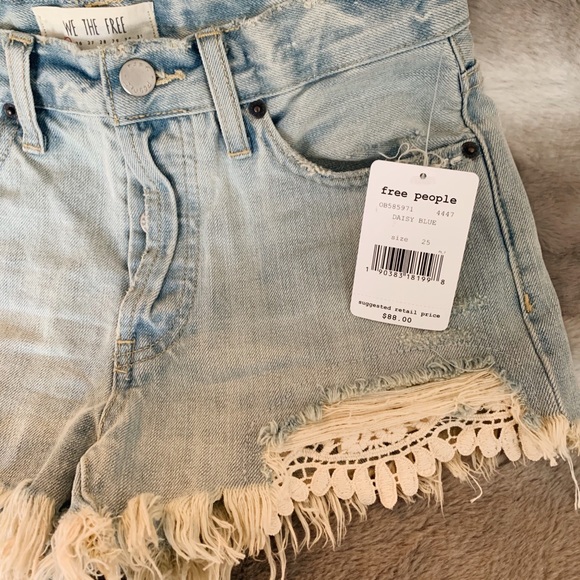 Free People Light Wash Lace Trim Jean Shorts - Picture 3 of 6